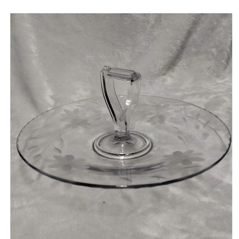 Vintage Clear Glass Handled‎ Cake Plate Floral Etched Mid Century Serving Tray